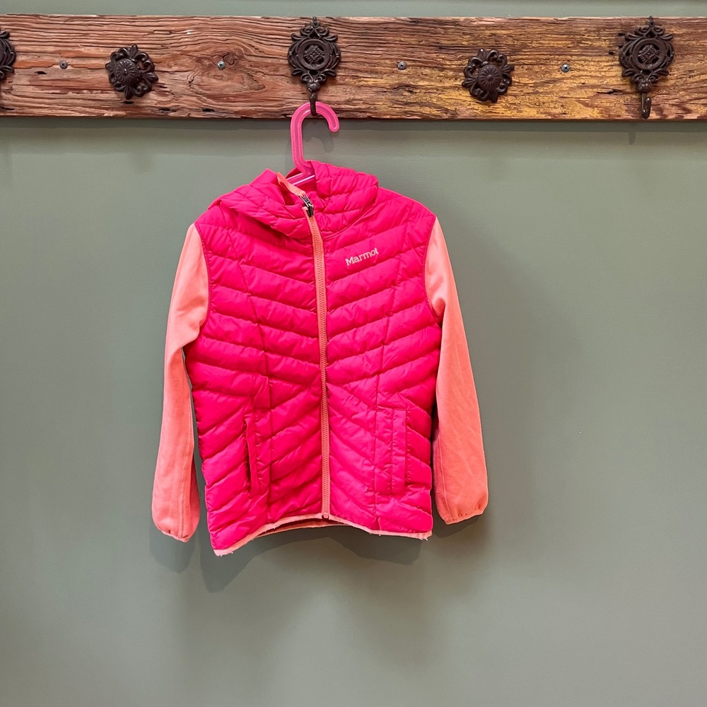 Marmot Kids Hooded‎ Puffer Jacket Hot Pink Coral Full Zip Size M/M